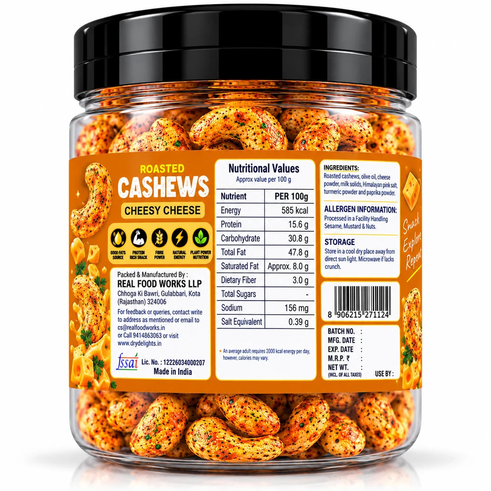 Cheesy Cheese Cashews – back of pack (ingredients and nutrition)