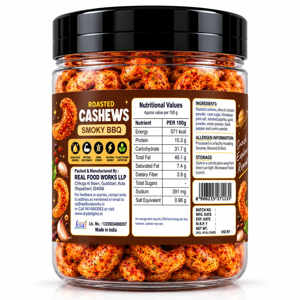 Smoky BBQ Cashews – back of pack (ingredients and nutrition)