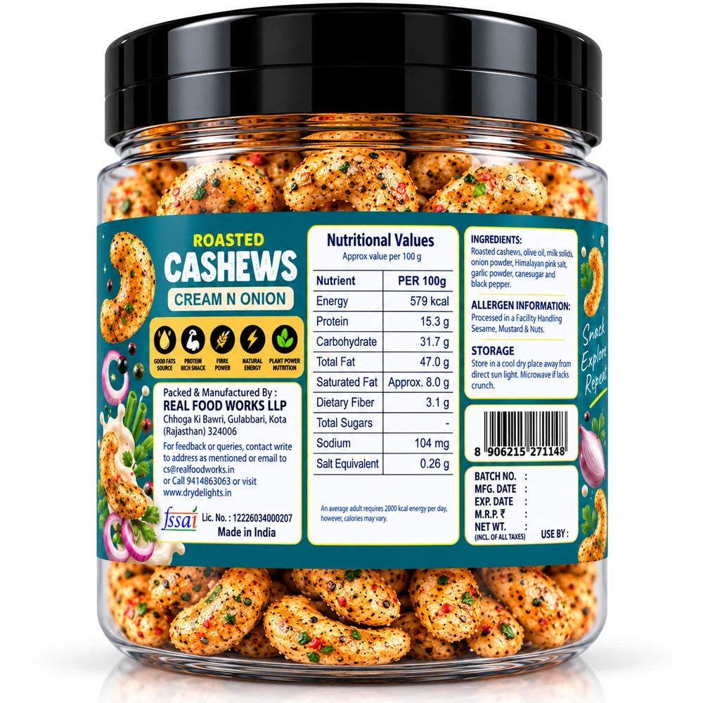 Cream N Onion Cashews – back of pack (ingredients and nutrition)