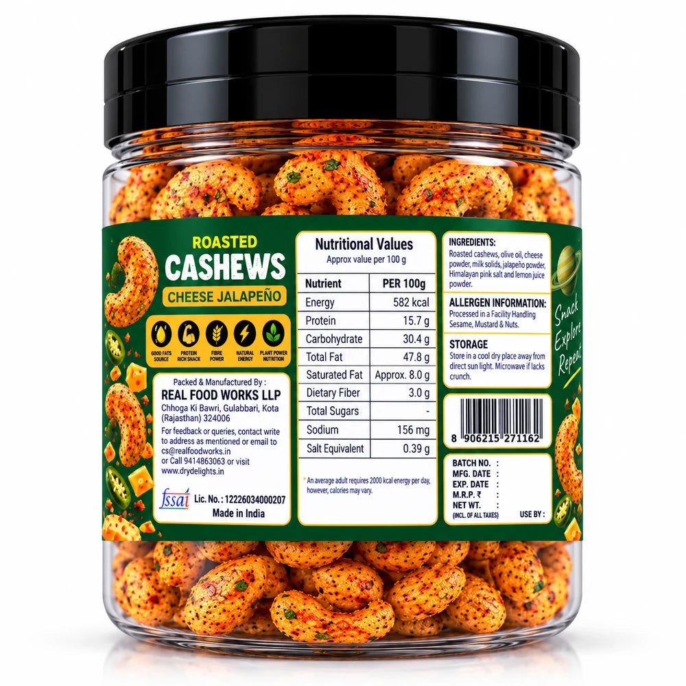 Cheese Jalapeño Cashews – back of pack (ingredients and nutrition)