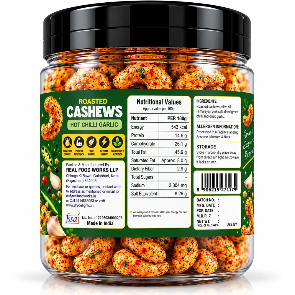 Hot Chilli Garlic Cashews – back of pack (ingredients and nutrition)