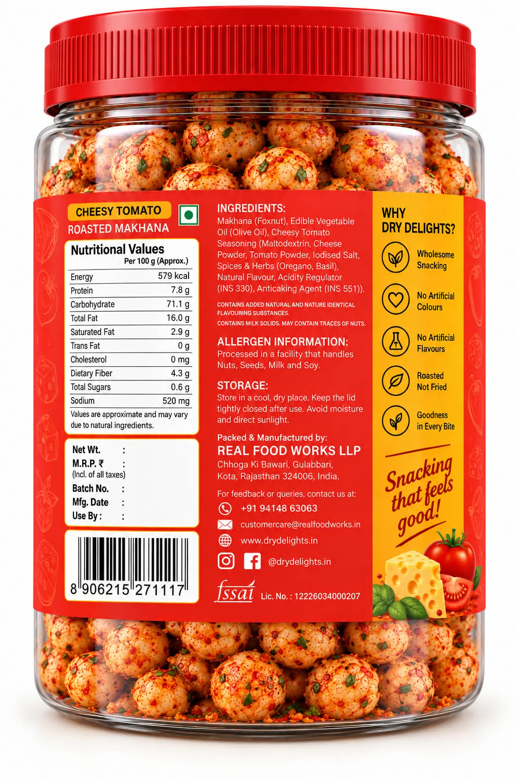 Cheesy Tomato Makhana – back of pack (ingredients and nutrition)