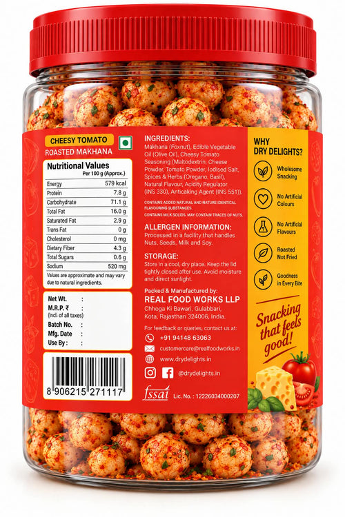 Cheesy Tomato Makhana – back of pack (ingredients and nutrition)