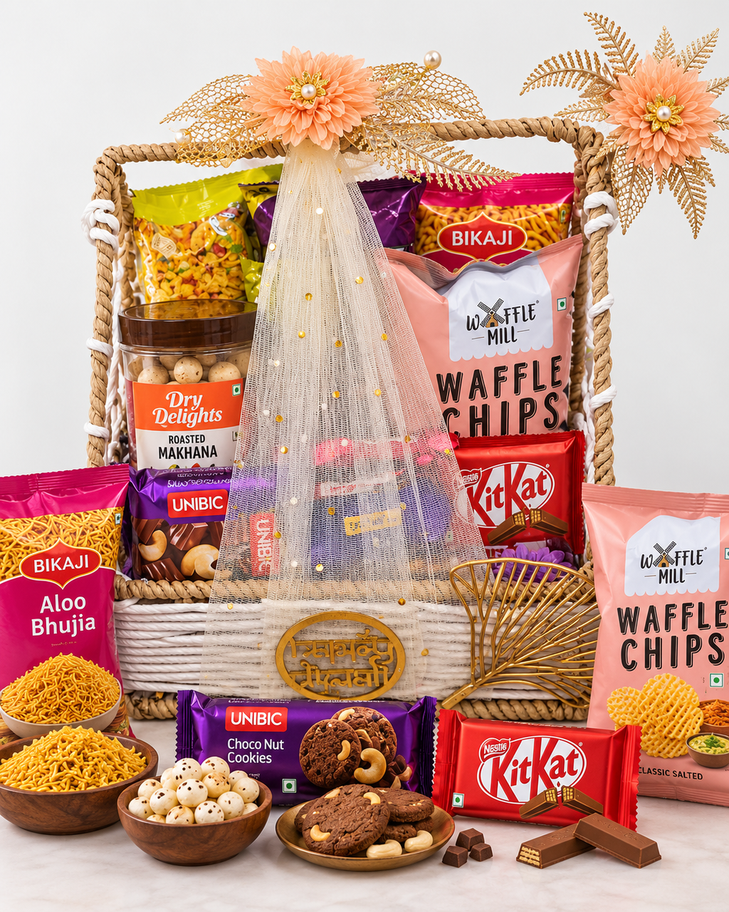 Golden Glow Festive Hamper – festive basket with golden floral trim