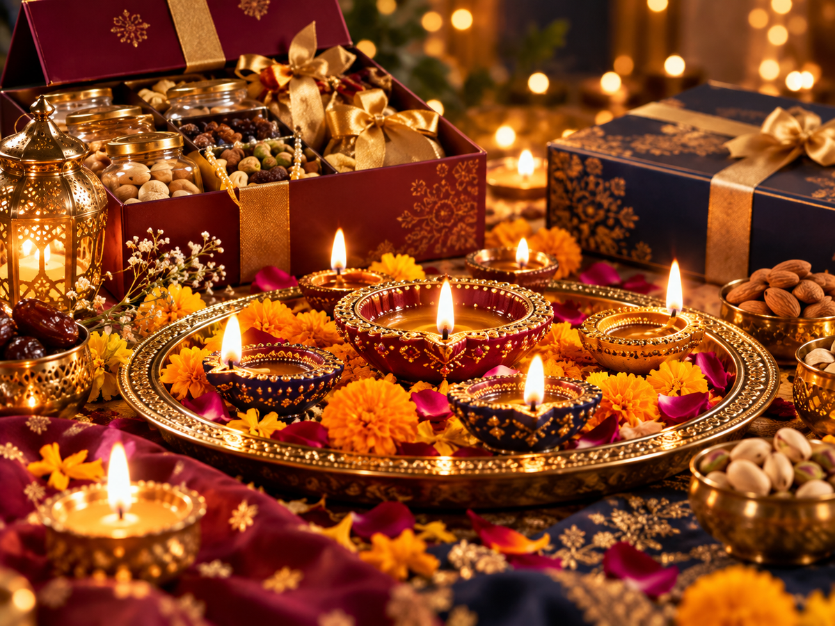 A Dry Delights gift box with dry fruits, gold ribbons and glowing diyas