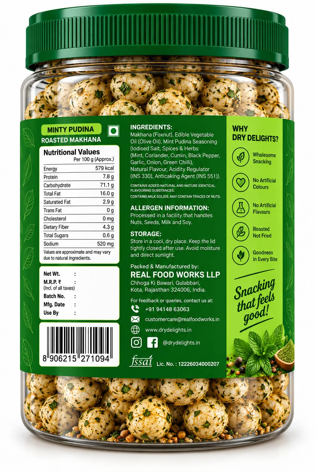 Minty Pudhina Makhana – back of pack (ingredients and nutrition)