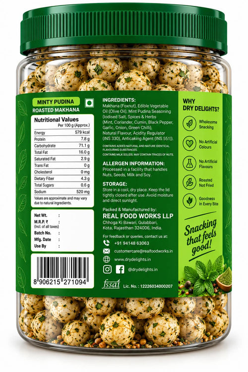 Minty Pudhina Makhana – back of pack (ingredients and nutrition)