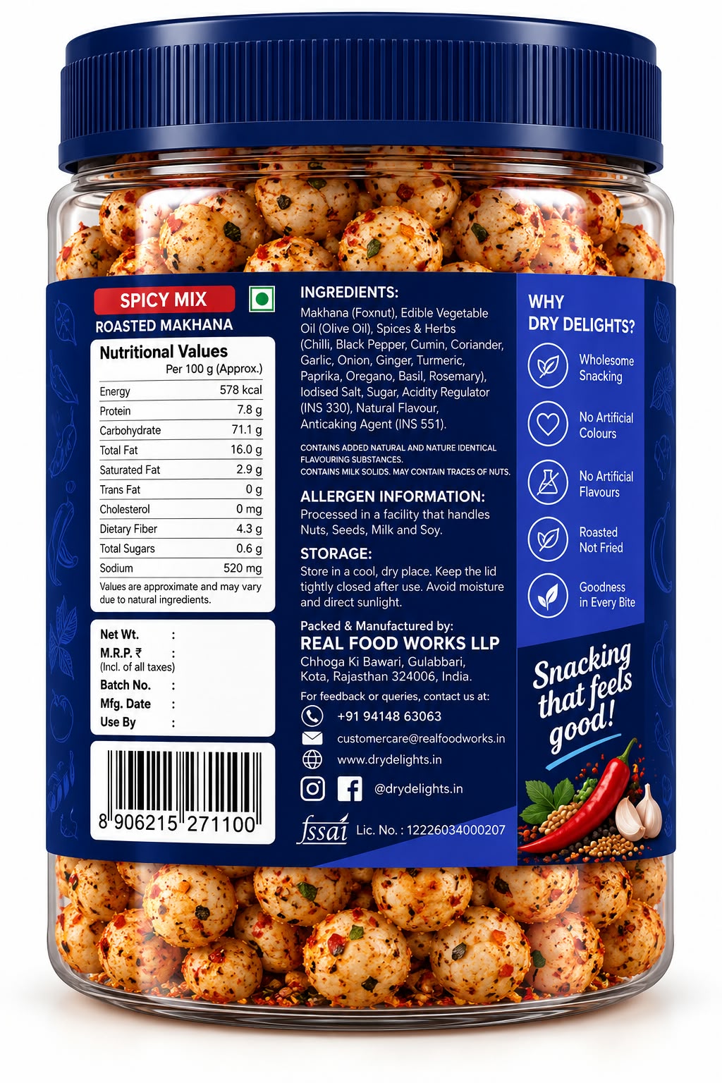 Spicy Mix Makhana – back of pack (ingredients and nutrition)