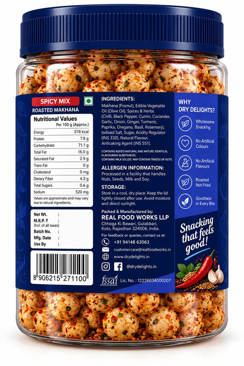 Spicy Mix Makhana – back of pack (ingredients and nutrition)